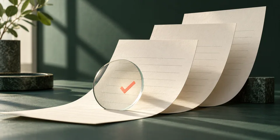 A glass lens over layered cream paper and a coral check mark.