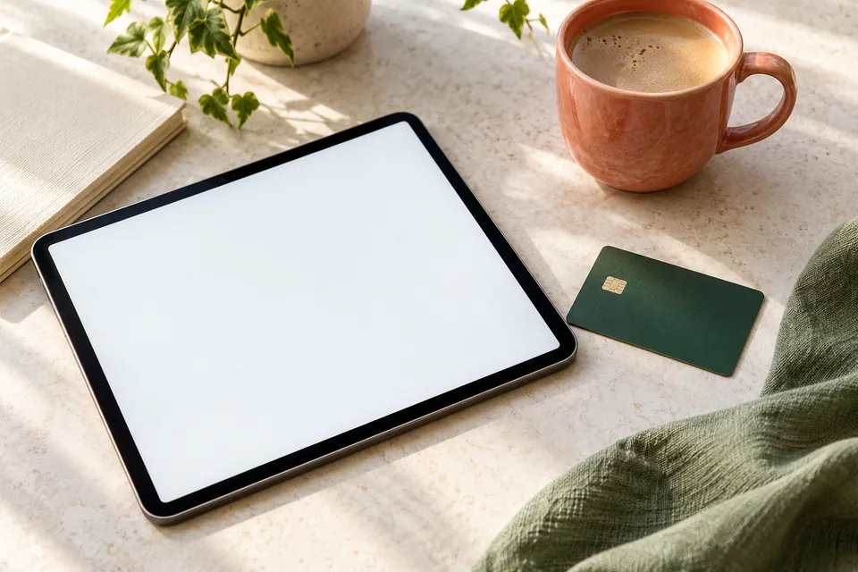 A blank-screen tablet, plain payment card and coral cup on a warm tabletop.