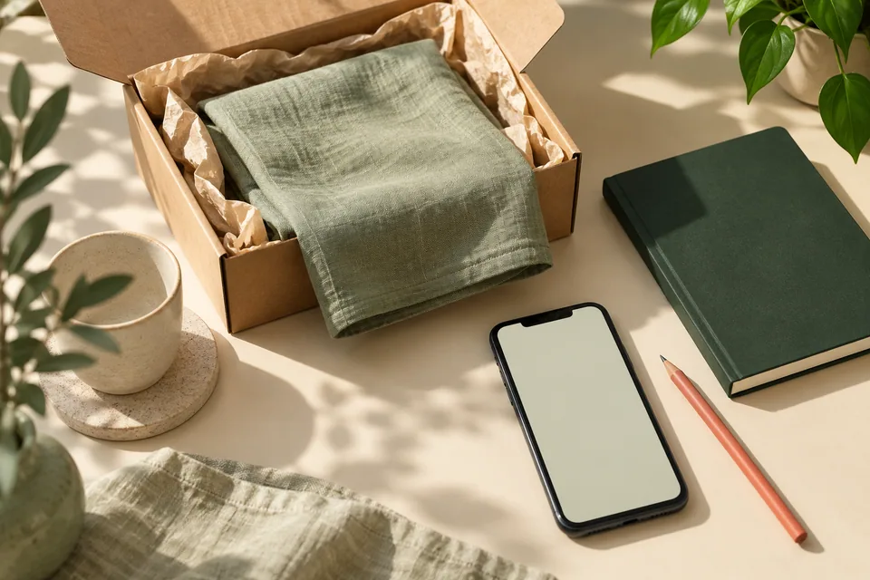 An illustrative parcel, folded fabric and phone arranged on a table