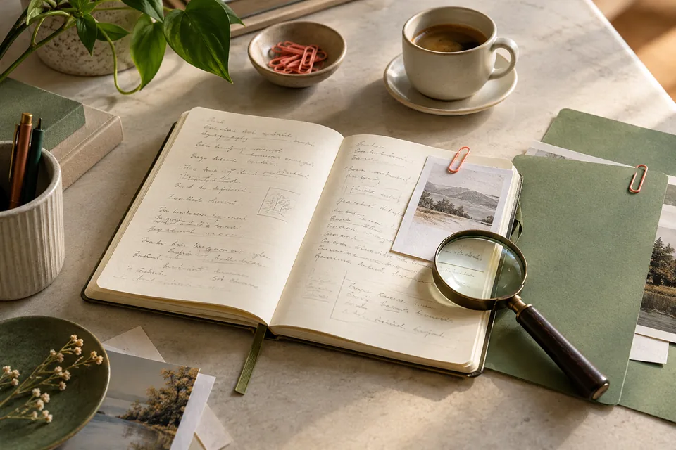 Open notebook, papers, a magnifier and a sage folder in natural light.