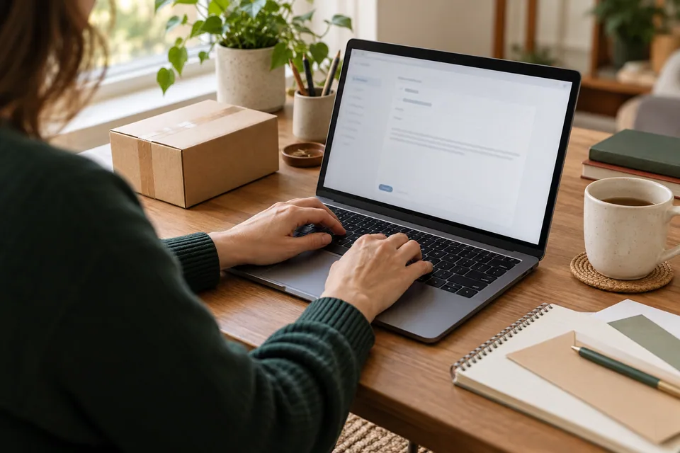 A person composing a support message beside order notes.