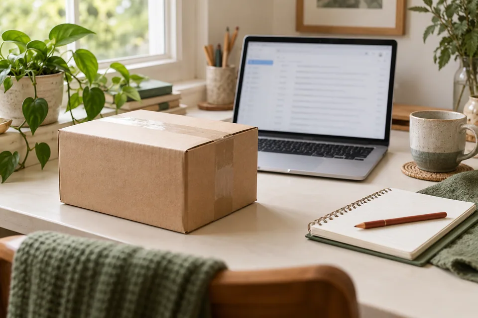 A parcel, laptop and notebook on a bright desk.