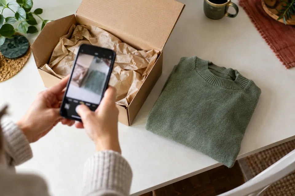 Hands photographing a garment and parcel for an order record.