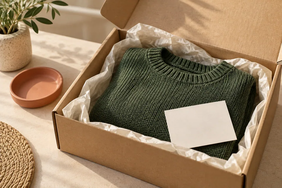 An unbranded parcel with a folded green knit, cream tissue and a blank card.